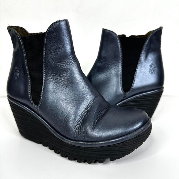 FLY LONDON Yoss Chelsea Boot Blue Metallic Wedge Bootie Womens Shoe Size 36 - Picture 1 of 9
